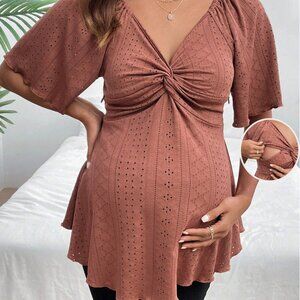 Brown Peplum Nursing and/or Maternity Top with Ruffle Sleeves NWOT